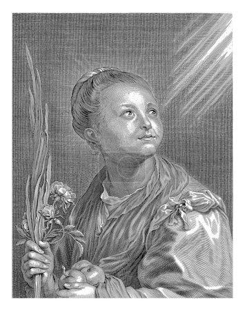Téléchargez les photos : H. Dorothea, Cornelis Galle (II), d'après Anthony van Dyck, 1638-1678 Sainte Dorothée avec des fruits et des fleurs à la main. Autour de sa tête un halo, elle regarde la lumière. - en image libre de droit