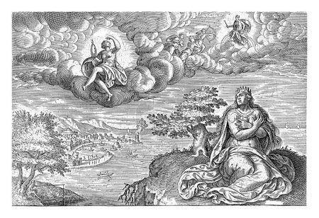 Virtues intercede for the bride, Johannes Wierix (possibly), after Gerard van Groeningen, 1574 The bride sits on an island. She looks up to the sky, where Science (Scientia) sits on a cloud.