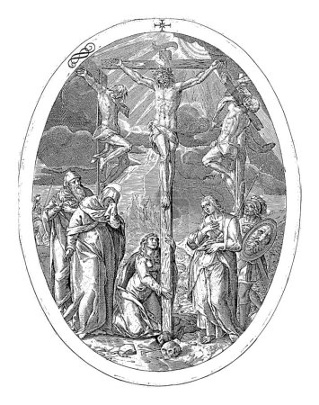 Foto de Crucifixión de Cristo, Crispijn van de Passe (I), 1600 La crucifixión de Cristo en el Monte Calvario. Bajo la cruz la llorona María Magdalena, - Imagen libre de derechos
