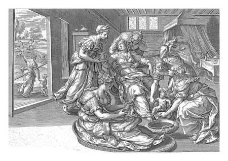 Téléchargez les photos : Naissance du fils de la femme sunnémitique, Hans Collaert (I), d'après Maerten de Vos, 1643 Au premier plan, la femme sunnémitique donne naissance à un fils en bonne santé. - en image libre de droit