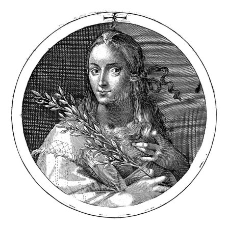Téléchargez les photos : Sibyl libyen, Crispijn van de Passe (I), 1601 Buste de Sibyl libyen. Dans sa main droite, elle tient une branche d'olivier. La scène est contenue dans un médaillon avec une inscription en latin. - en image libre de droit