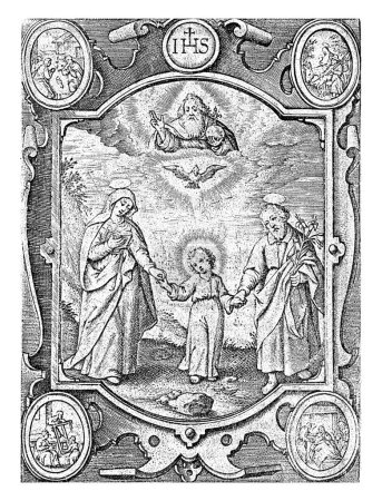 Téléchargez les photos : Trinité terrestre et céleste, Hieronymus Wierix, 1837 Paysage avec l'Enfant Christ, au milieu de Marie et Joseph. - en image libre de droit