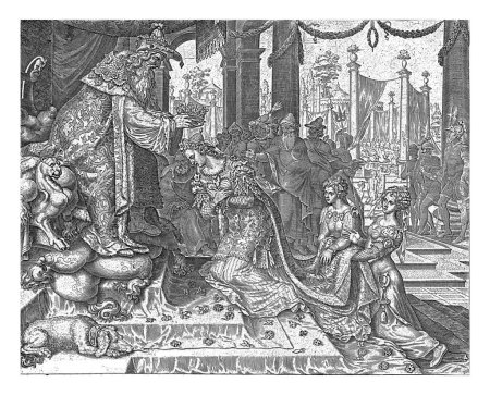 Foto de Coronación de Ester, Philips Galle, después de Maarten van Heemskerck, c. 1635 c. 1640 Asuero corona a Ester su reina. Esther se arrodilla ante su trono, dos damas de honor sostienen el tren de su vestido. - Imagen libre de derechos