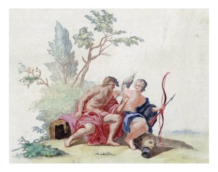 Téléchargez les photos : Hercule et Omphale, anonyme, 1688-1698 Hercule est assis à côté d'Omphale, reine de Lydie, qui a mis un bras autour de lui. Comme esclave au service d'Omphale, - en image libre de droit