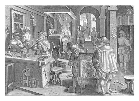 Téléchargez les photos : Horlogers, Philips Galle (attribué à l'atelier de), d'après Jan van der Straet, c. 1589 - c. 1593 Atelier où les montres sont fabriquées. Sur la gauche deux horlogers travaillant sur un établi avec les engrenages. - en image libre de droit