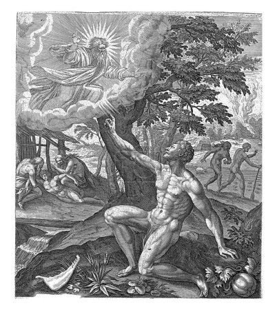 Dieu maudit Caïn, Raphaël Sadeler (I), après Maerten de Vos, 1583 Dieu apparaît à Caïn et le maudit pour avoir tué son frère. A côté de Caïn se trouve la mâchoire d'un âne, l'arme du crime.