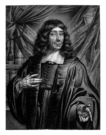 Téléchargez les photos : Portrait de Paul Dusoul, Bernard Vaillant, d'après Jacques Vaillant, 1642 1698 Paul Dusoul à l'âge de 54 ans. Il se tient devant une bibliothèque et un rideau. - en image libre de droit
