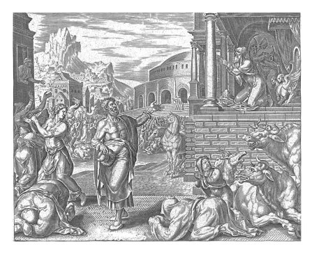 Téléchargez les photos : Jonas prédit la chute de Ninive, Philips Galle, après Maarten van Heemskerck, 1596 - 1633 Jonas se tient sur une place à Ninive et prédit les habitants de leur ville. - en image libre de droit