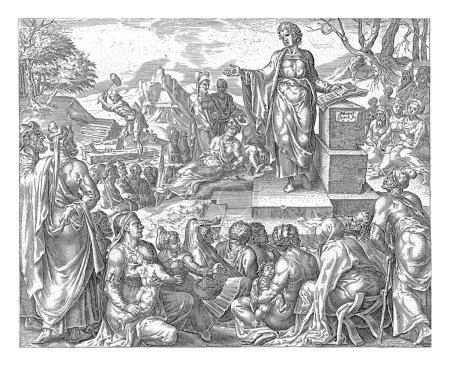 Foto de El hombre recoge madera en sábado, Harmen Jansz Muller, después de Maarten van Heemskerck, 1570 - 1612 Mientras los israelitas escuchan a un predicador en sábado, un hombre recoge madera en el fondo. - Imagen libre de derechos