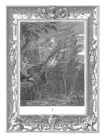 Foto de Pan and Syrinx, Bernard Picart (workshop of), 1733 Pan persiguiendo a la ninfa Syrinx. Ella oró por una transformación para escapar del dios, con lo cual sus hermanas la convirtieron en cañas. - Imagen libre de derechos