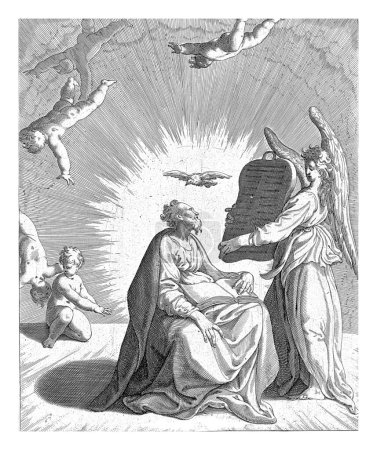 Foto de Mateo y el ángel, Isaac Duchemin (atribuido a), después de Adriaan de Weerdt, 1563 - antes de 1591 El evangelista Mateo se sienta en su regazo con un libro abierto. - Imagen libre de derechos