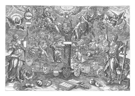 Téléchargez les photos : L'Arbre de l'Alliance, 1578, Wierix, d'après Maerten de Vos, 1578 allégorie politique de 1578 avec l'Arbre de la Paix (Arbor Pacis) au milieu. - en image libre de droit