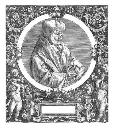 Foto de Retrato de Erasmo de Rotterdam, Johann Theodor de Bry, después de Albrecht Durer, c. 1597 - c. 1599 Busto de Erasmo de Rotterdam escrito en un atril. - Imagen libre de derechos