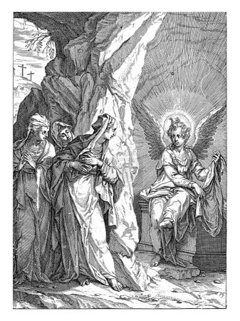 Téléchargez les photos : Trois Marie au tombeau, Egbert van Panderen, d'après Hans von Aachen, vers 1590 - 1637 Au tombeau du Christ, un ange apparaît aux trois saintes femmes qui viennent oindre le Christ. - en image libre de droit