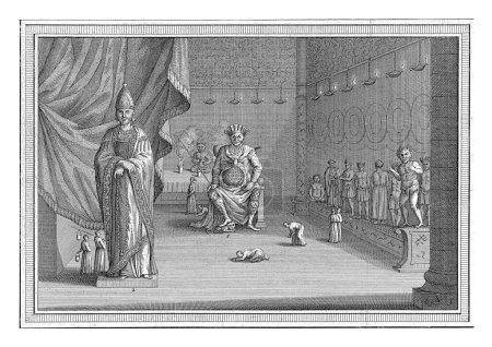 Téléchargez les photos : Statues du temple oriental, Jacob van der Schley, 1725 - 1779 Dans une pièce se trouvent un certain nombre de statues du temple oriental, que plusieurs personnes s'agenouillent ou regardent. En arrière-plan deux encensoirs. - en image libre de droit