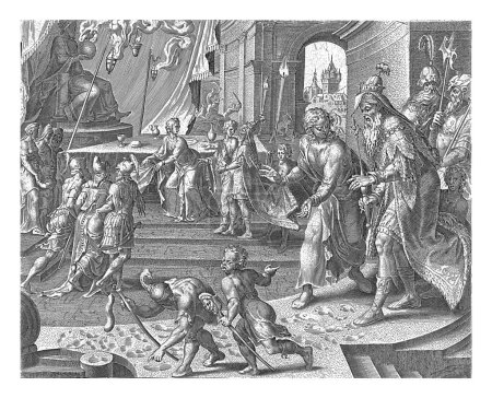 Foto de El rey Ciro y Daniel descubren las huellas en las cenizas, Philips Galle, después de Maarten van Heemskerck, 1601 - 1633 El rey Ciro y Daniel vienen al templo por la mañana. - Imagen libre de derechos