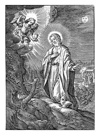 Foto de Cristo en el Huerto de Getsemaní, Jerónimo Wierix, 1563 - antes de 1619 Cristo ora en el Huerto de Getsemaní. Del cielo aparece un ángel con un cáliz. - Imagen libre de derechos