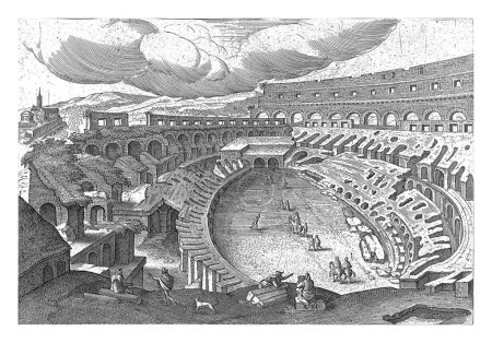 Photo for View of the Colosseum, Hendrick van Cleve, 1585 View of the ruins of the Colosseum, from above. In the foreground some artists who are sketching the environment. - Royalty Free Image