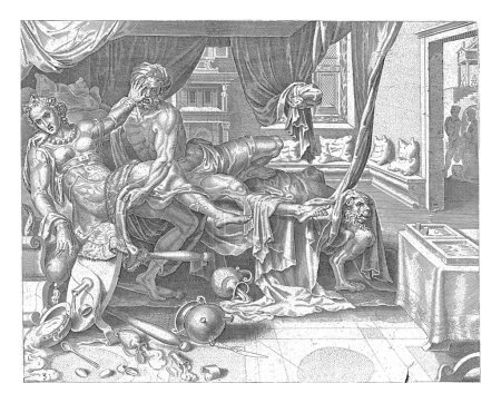 Foto de Asalto de Tamar por Amnón, Philips Galle, después de Maarten van Heemskerck, 1559 Amnón está supuestamente enfermo en la cama y está siendo atendido por su media hermana Tamar. - Imagen libre de derechos
