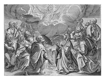 Foto de Ascensión de Cristo, Jan Collaert (II), después de Maerten de Vos, 1597 Cristo es llevado al cielo en una nube. A su alrededor están sus discípulos y su madre, la Virgen María. La impresión tiene un título en latín. - Imagen libre de derechos