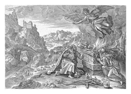 Foto de Sacrificio de Manoach, Antonie Wierix (II), después de Maerten de Vos, 1585 Manoach y su esposa se postraron en el altar, donde Manoach sacrificó una cabra. - Imagen libre de derechos