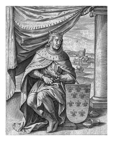 Foto de Retrato de Carlos el Simple, Philips Galle (atribución rechazada), 1603 Carlos III el Simple, rey de Francia. Junto a él el escudo de armas de Francia. - Imagen libre de derechos