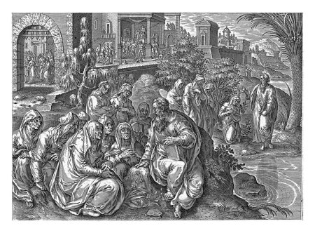 Téléchargez les photos : Paul parle aux femmes de Philippi après Philips Galle, après Jan van der Straet, 1646 Sur la rive d'un fleuve, l'apôtre Paul s'adresse aux femmes de la ville de Philippi, qui y sont rassemblées. - en image libre de droit