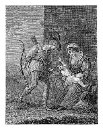 Foto de Hombre con arco y flecha cerca de una mujer con un niño, Philippus Velijn, 1823 Un hombre con un arco en la mano y un carcaj de flechas en la espalda saluda a una mujer sentada con un niño en su regazo. - Imagen libre de derechos