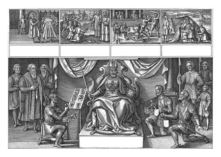 Téléchargez les photos : Rodolphe Ier de Habsbourg, roi germano-romain, sur son trône, Johannes Wierix, 1617 Le roi germano-romain Rodolphe Ier de Habsbourg est assis sur son trône. Sur le devant de son manteau les armoiries des Habsbourg. - en image libre de droit
