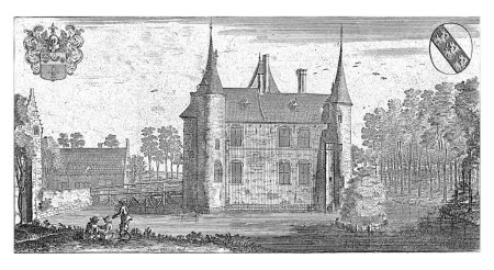 Photo for Ramey Castle, Franz Ertinger, 1697 View of Ramey Castle, at Gestel, near Antwerp. In the foreground three people near the waterfront. In the upper left and right corner a family coat of arms. - Royalty Free Image