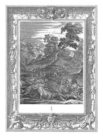 Photo for Actaeon Torn by His Dogs, Bernard Picart (workshop of), 1733 The young prince Actaeon has been turned into a deer by Diana. He lies on the ground and is attacked and bitten by his own dogs. - Royalty Free Image