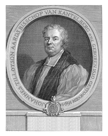 Téléchargez les photos : Portrait de John Tillotson, Jacob Houbraken, d'après Gottfried Kneller, 1708 - 1766 Buste à gauche de John Tillotson, archevêque de Canterbury, dans un ovale avec inscription en néerlandais. - en image libre de droit