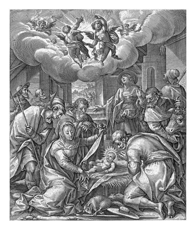 Foto de Adoración de los pastores, Crispijn van den Queborn, después de Crispijn van de Passe, 1614 - 1652 María, José y algunos pastores adoran al Niño Cristo en un establo. - Imagen libre de derechos