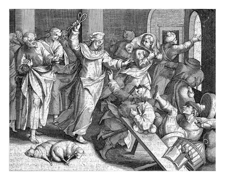 Foto de Expulsión de los cambistas del templo, Jan Collaert (II), después de Maerten de Vos, 1597 Cristo expulsa a los cambistas y vendedores del mercado del templo de Jerusalén. - Imagen libre de derechos