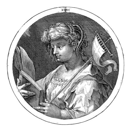 Téléchargez les photos : Cimmerian Sibyl, Crispijn van de Passe (I), 1601 Buste du Cimmerian Sibyl, lecture d'un livre. Dans sa main gauche, elle tient un drapeau. La scène est contenue dans un médaillon avec une inscription en latin. - en image libre de droit