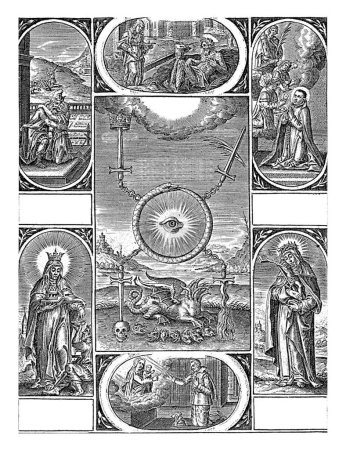 Foto de Hebdomas christiana, Michael Snijders, 1610 - 1672 Siete pequeñas representaciones alegóricas de las virtudes cristianas, agrupadas alrededor del ojo de Dios. - Imagen libre de derechos