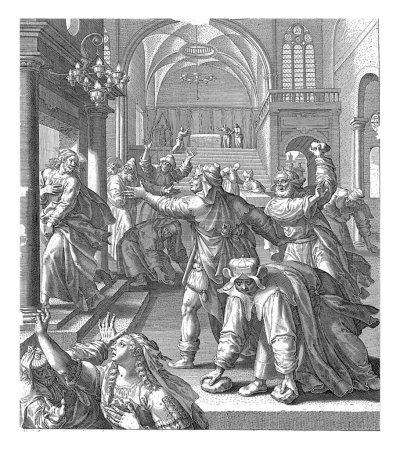 Photo for Stoning of Christ, Johann Sadeler (I), after Maerten de Vos, 1582 Christ leaves the temple in Jerusalem because the Jews want to stone him. In the foreground, stones are picked up by some men. - Royalty Free Image