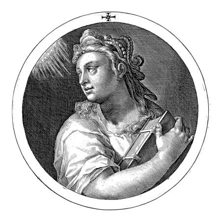 Foto de Delphic Sibyl, Crispijn van de Passe (I), 1601 Busto del Delphic Sibyl. En su mano derecha sostiene un libro. Ella mira por encima de su hombro derecho. - Imagen libre de derechos