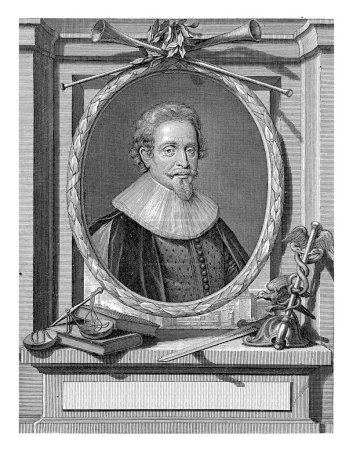 Foto de Retrato de Hugo de Groot, Pieter van Gunst, después de Michiel Jansz van Mierevelt, 1710 - 1731 Hugo de Groot, erudito holandés. Sobre el retrato dos trompetas de alabanza. - Imagen libre de derechos