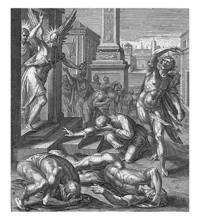 Téléchargez les photos : Sodomites aveuglés., Raphaël Sadeler (I), d'après Nicolas de Hoey, 1583 Les Sodomites sont frappés aveugles par deux anges devant la maison de Lot. - en image libre de droit