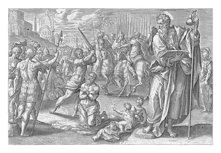 Foto de Martirio de Santiago el Mayor, Hans Collaert, 1646 Santiago el Mayor es decapitado con una espada; a la derecha de la escena de su martirio es representado de nuevo, sosteniendo el bastón de un peregrino - Imagen libre de derechos