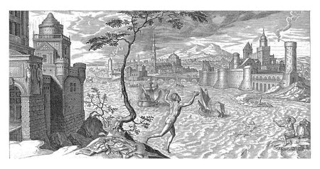 Foto de Héroe y Leandro, Philips Galle, después de Maarten van Heemskerck, 1569 En el fondo el Helesponto con la ciudad de Sestus. Leander se ha quitado la ropa y salta al agua.. - Imagen libre de derechos