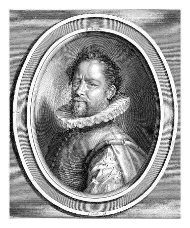Téléchargez les photos : Portrait de Bartholomeus Spranger, Jacob Gole, d'après Jan Harmensz. Muller, d'après Hans von Aachen, 1670 - 1724 Portrait en cadre ovale de Bartholomeus Spranger. - en image libre de droit