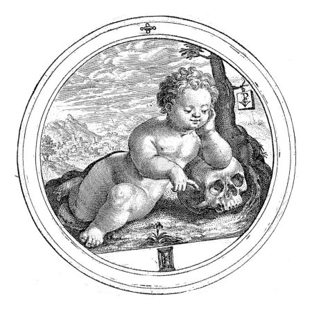 Foto de Putto con cráneo, Crispijn van de Passe (I), Medallón de 1594 con un putto apoyado en un cráneo. Señala un reloj de arena y un lema en latín que se refiere a la transitoriedad de la vida. - Imagen libre de derechos