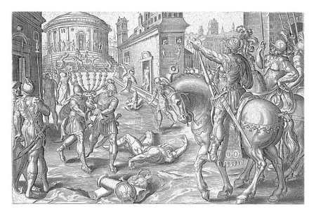Téléchargez les photos : Antiochos Épiphane plonge le temple de Jérusalem, Johannes Wierix, d'après Gérard van Groeningen, 1579 Après sa victoire sur l'Egypte, Antiochos marche avec une grande armée à Jérusalem. - en image libre de droit