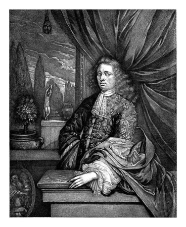 Photo for Self-portrait of Pieter Schenk, Pieter Schenk (I), 1680 - 1713 The printmaker and publisher Pieter Schenk stands under a drapery. In the background a garden with a sculpture of a naked woman. - Royalty Free Image