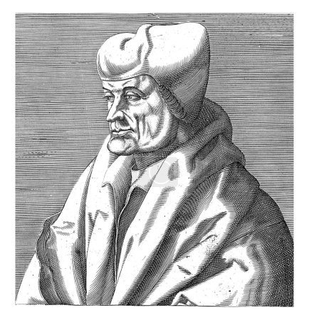 Téléchargez les photos : Buste à gauche de Desiderius Erasmus. En dessous du portrait se trouvent le nom et quatre lignes en latin. Tirage de (partie 1 de) la série portraits de réformateurs célèbres. - en image libre de droit