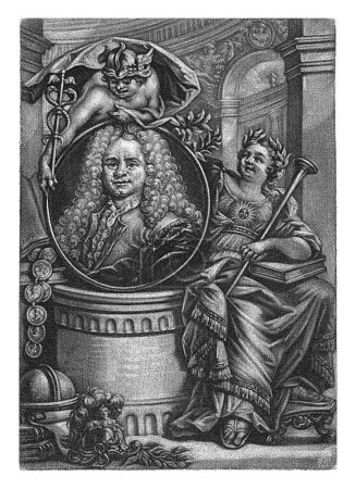 Téléchargez les photos : Portrait de Mattheus Brouerius van Nidek, Arnoud van Halen, 1673 - 1732 Portrait allégorique de l'historien et poète Mattheus Brouerius van Nidek. - en image libre de droit