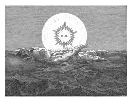 Téléchargez les photos : Création de la lumière et des ténèbres, Johann Sadeler (I), d'après Maerten de Vos, 1639 Dieu sous la forme d'un tétragramme plane sur un nuage : au-dessus de lui il y a la lumière, au-dessous de lui les ténèbres. - en image libre de droit