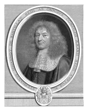 Téléchargez les photos : Portrait d'Etienne Jehannot de Bartillat, Robert Nanteuil, 1666 Portrait d'Etienne Jehannot de Bartillat, dans un cadre ovale avec texte. Au fond de son arme. - en image libre de droit